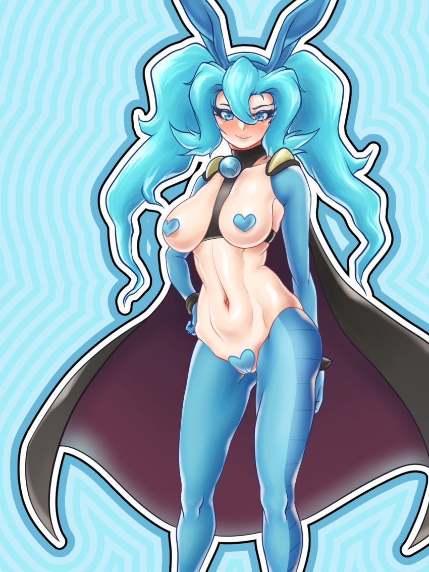 1girls alternate_hairstyle bgbdm big_breasts blue_eyes blue_hair blush breasts bunny_ears bunnysuit cape clair_(pokemon) covered_nipples covered_pussy eye_contact female heart_pasties looking_at_viewer nintendo pale-skinned_female pale_skin pokemon pokemon_gsc reverse_bunnysuit twintails