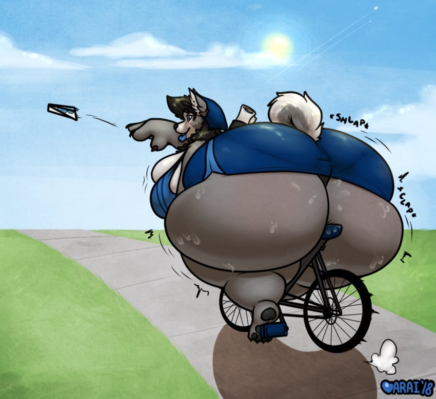 1boy arai araidian_(artist) ass bicycle breasts canine chubby cleavage fat furry hips huge_breasts husky hyper hyper_ass lip male male_only male_with_breasts morbidly_obese obese overweight shorts sweat sweaty thick thighs tight_shorts vehicle wide_hips