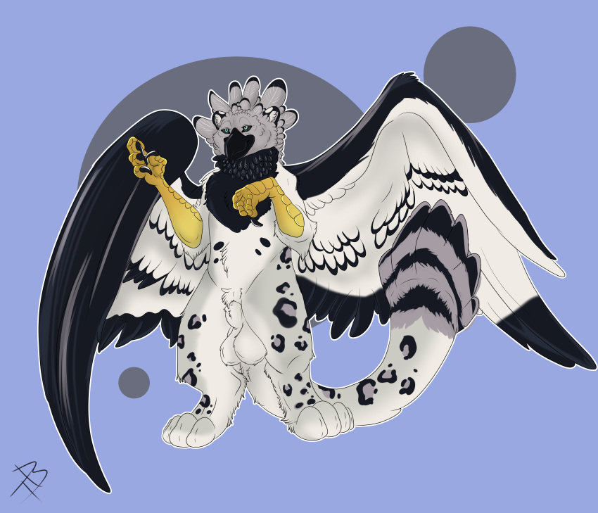 absurd_res animal_genitalia anthro avian balls beak big_balls bird cyrus_(klutztron) digitigrade feathered_wings feathers front_view genitals gryphon hi_res male mythological_avian mythology nude presenting sheath smile solo talons vailwolf wings