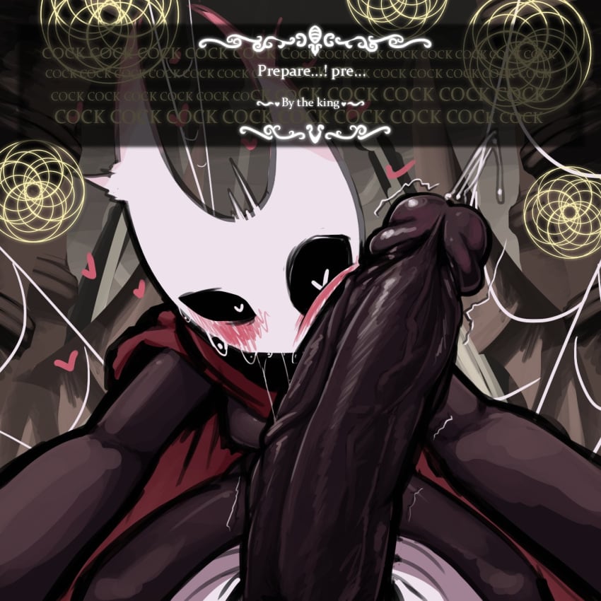 1boy 1girls blush boxman cape cloak cock_hungry cock_worship cum erection female heart-shaped_pupils hollow_knight hornet_(hollow_knight) huge_cock hyper hyper_penis male mind_break penis penis_awe penis_on_face pov precum precum_ejaculation red_cape saliva_trail spread_legs text twitch_lines