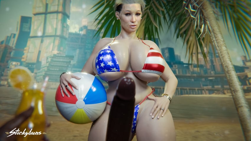 3d american_flag_bikini beach beach_ball big_breasts big_penis bimbo cyberpunk_2077 dark-skinned_male dark_skin huge_breasts interracial light-skinned_female nose_piercing pov rosalind_myers stickybuns voluptuous