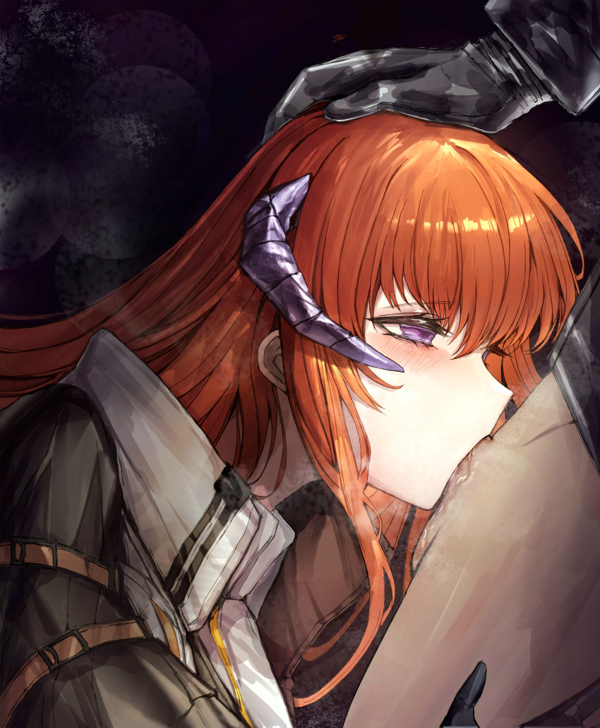 1boy 1girls all_the_way_to_the_base arknights bagpipe_(arknights) blowjob blush clothed clothed_female clothed_sex eyelashes fellatio female hair half-closed_eyes hand_on_head highres horns leaning_forward light-skinned_female light_skin nose onedr oral orange_hair purple_eyes saliva sidelocks steamy_breath straight watery_eyes