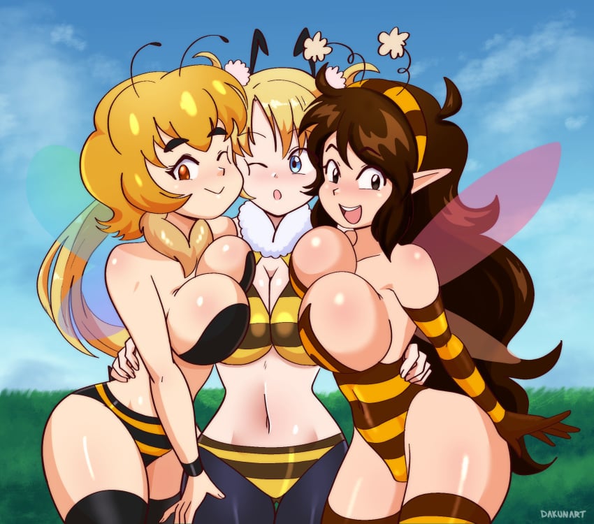 3girls :d ;) ;o antennae artist_name asymmetrical_docking bee_costume big_breasts bikini blonde_hair blue_eyes blush breasts brown_eyes brown_hair cleavage commission covered_navel dakunart elbow_gloves female female_only gloves hi_res hourglass_figure leotard long_hair looking_at_viewer medium_hair midriff narrow_waist navel one_eye_closed open_mouth orange_eyes original original_character outdoors pointy_ears smile susie_(susiehatter) thighhighs very_long_hair wings wink