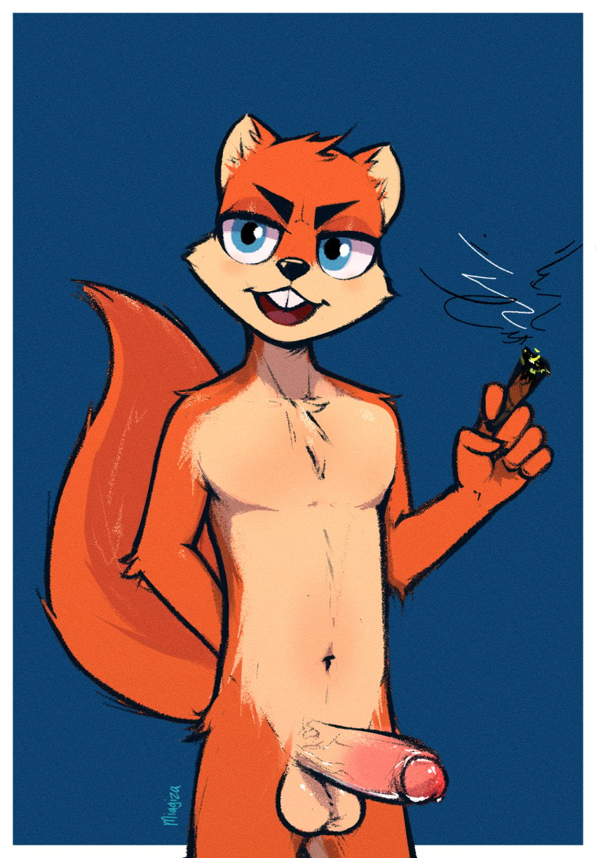 anthro balls big_balls big_penis blue_eyes cigarette conker conker's_bad_fur_day digital_media_(artwork) erection fluffy fluffy_tail fur genitals hand_behind_back hi_res holding_cigarette holding_object humanoid_genitalia humanoid_penis looking_at_viewer male mammal miagiza nude open_mouth penis rareware rodent sciurid simple_background smoke smoking solo tail teeth tree_squirrel