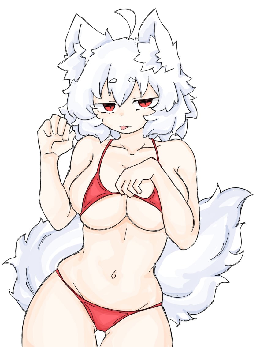 bikini breast_focus breasts cat_ears catgirl fumomono6500 large_breasts looking_at_viewer momiji_inubashiri red_bikini red_eyes red_panties small_bikini small_waist suggestive suggestive_look tail thick_thighs tounge_out white_hair