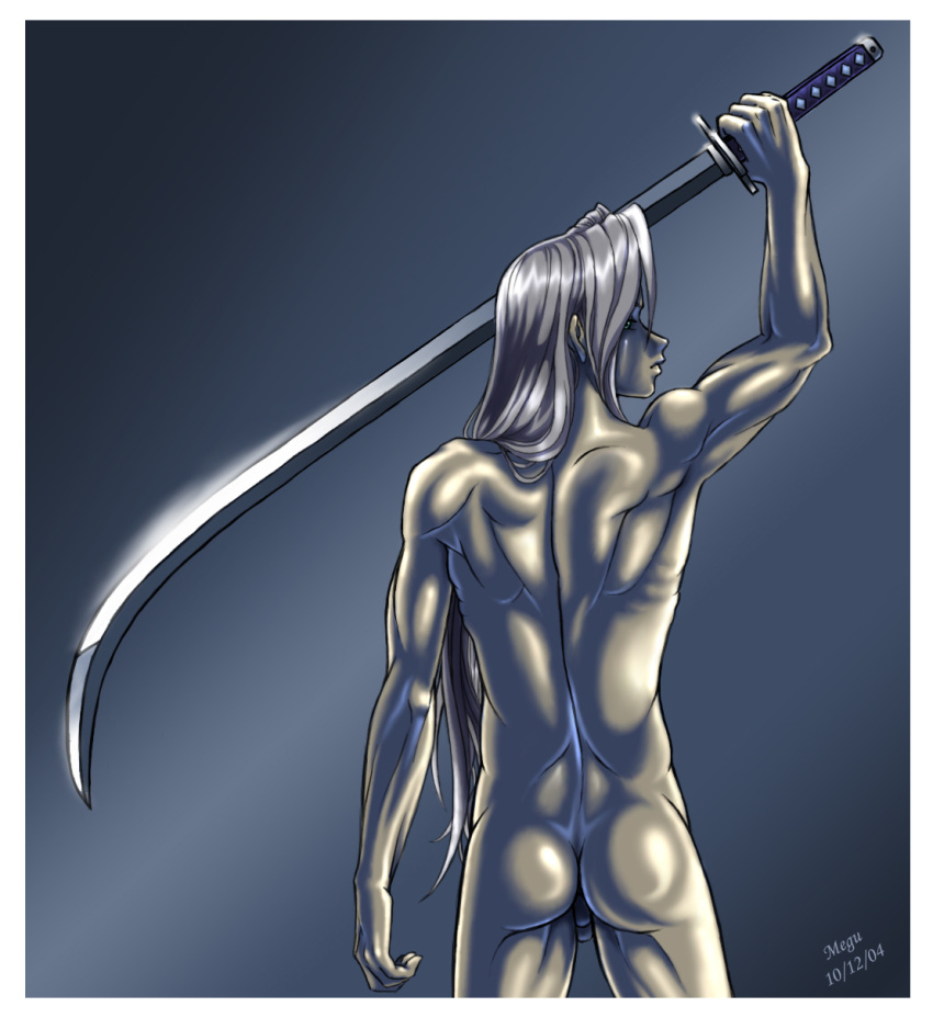 1boy 2004 arm_up ass back_view biceps final_fantasy final_fantasy_vii flaccid green_eyes katana long_hair looking_back male male_focus male_only megu muscles muscular muscular_male naked nude penis sephiroth solo solo_focus sword testicles weapon white_hair zyephen