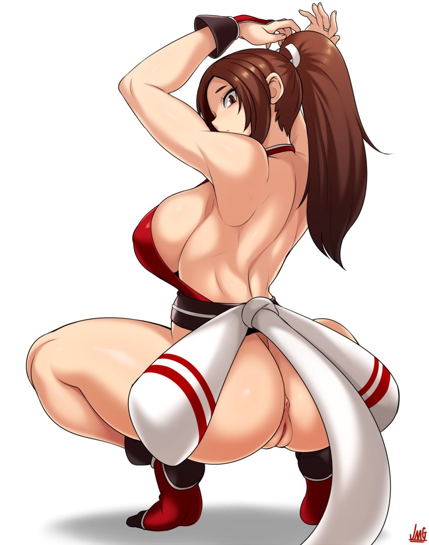 1girls absurdres anus arched_back ass big_breasts breasts brown_eyes brown_hair cleft_of_venus commentary female female_only from_behind highres huge_breasts jmg king_of_fighters large_breasts long_hair looking_at_viewer looking_back mai_shiranui no_panties partially_visible_vulva ponytail pussy sideboob solo thick_thighs thighs tiptoes