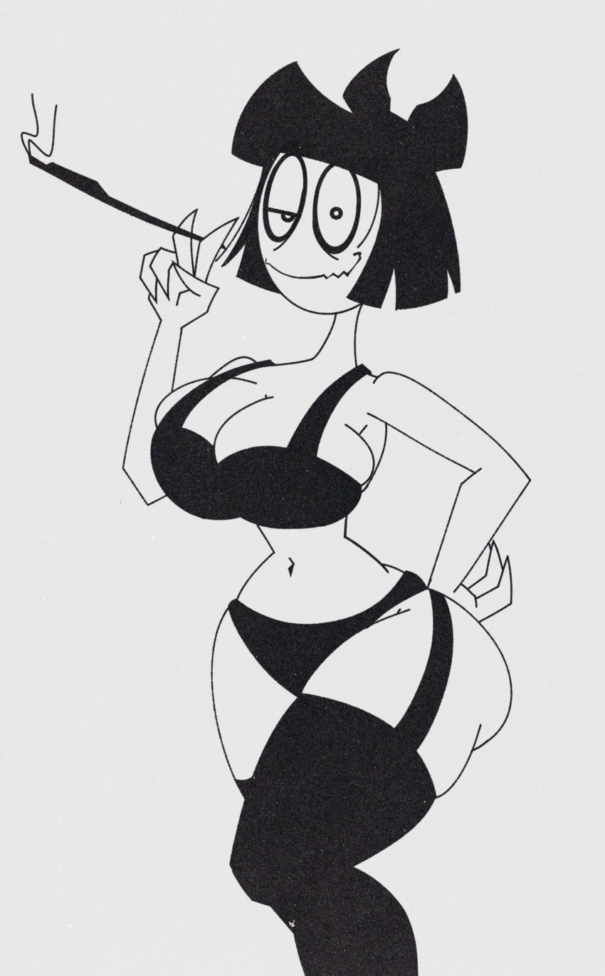 1girls adult_swim big_breasts big_hips bra creepy_susie garter_belt garter_straps goth hourglass_figure lazy_eye lingerie looking_at_viewer smile smoking the_oblongs