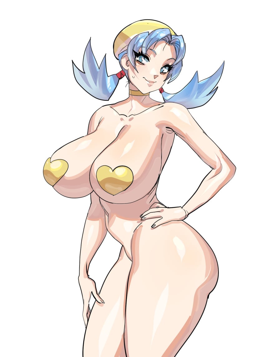 1girl 1girls blue_eyes blue_hair bottomless bottomless_female choker golden_pasties kris_(pokemon) large_ass large_breasts looking_at_viewer maniacpaint pasties pokemon pokemon_gsc yellow_pasties