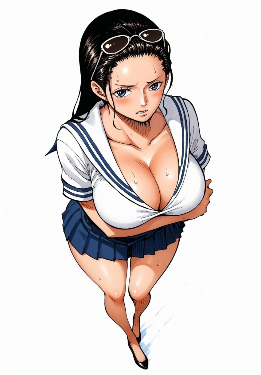 ai_generated alluring almost_naked almost_nude big_breasts blue_eyes blush breasts female female_only glasses glasses_on_head long_hair looking_at_viewer massive_breasts nico_robin one_piece school_girl school_uniform schoolgirl schoolgirl_uniform seducing seduction seductive seductive_body seductive_eyes seductive_gaze seductive_look seductive_mouth seductive_pose shiny_hair shiny_skin skirt sunglasses sunglasses_on_head sweat sweatdrop sweating sweaty sweaty_body uniform voluptuous voluptuous_female yashin