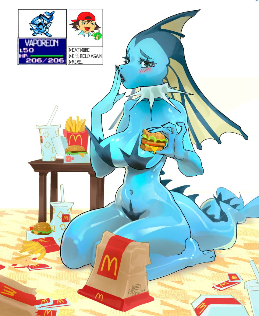 anthro ash_ketchum big_breasts blue_body burger cleavage eating embarrassed fast_food female food furry furry_focus human human_male kneeling labslider large_breasts light-skinned_male light_skin mcdonald's nintendo pokemon pokemon_(anime) pokemon_(species) vaporeon