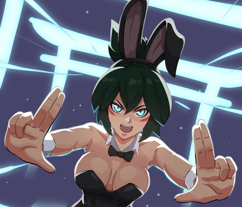 angry angry_expression blizzard_entertainment blue_eyes bunny_costume bunny_suit bunnysuit green_hair kiriko_(overwatch) kiriko_kamori looking_at_viewer overwatch overwatch_2 selvish94 torii ultimate