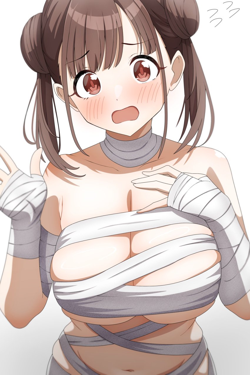 bandage big_breasts blush embarrassed halloween hand_on_breast hand_up large_breasts mummy mummy_costume mummy_wrappings nervous sonoda_chiyoko sweat wrapped