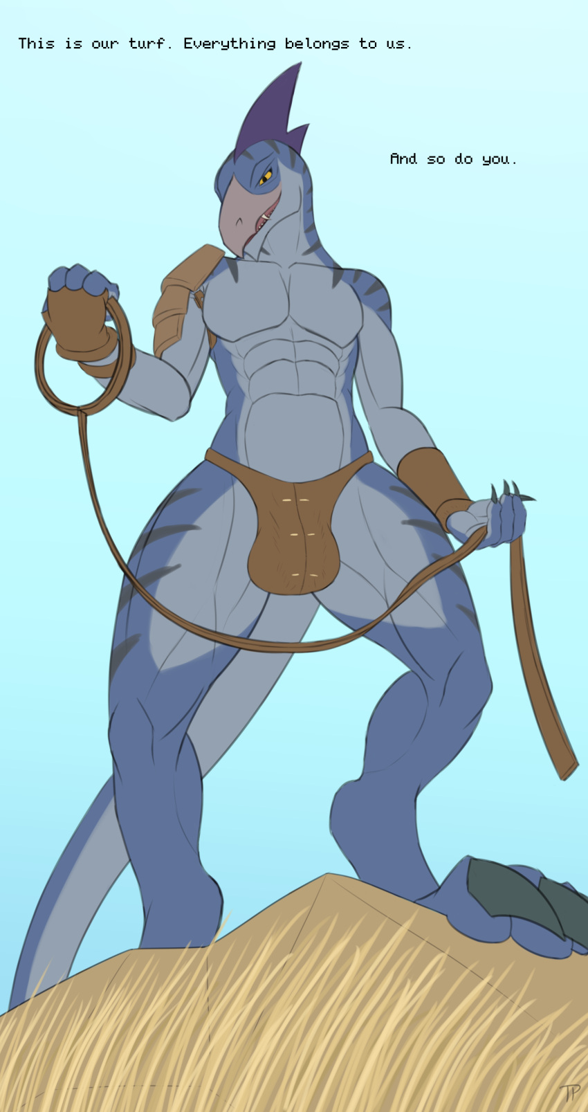 abs absurd_res anthro armor balls big_balls blue_body breasts bulge claws clothing dialogue english_text featureless_breasts genitals hi_res holding_leash holding_object leash leather leather_armor lizard male male_anthro markings mythological_creature mythological_scalie mythology prowler_(game) reaver_(regalbuster) reptile scalie solo tail talking_to_another testowepiwko text underwear yellow_eyes