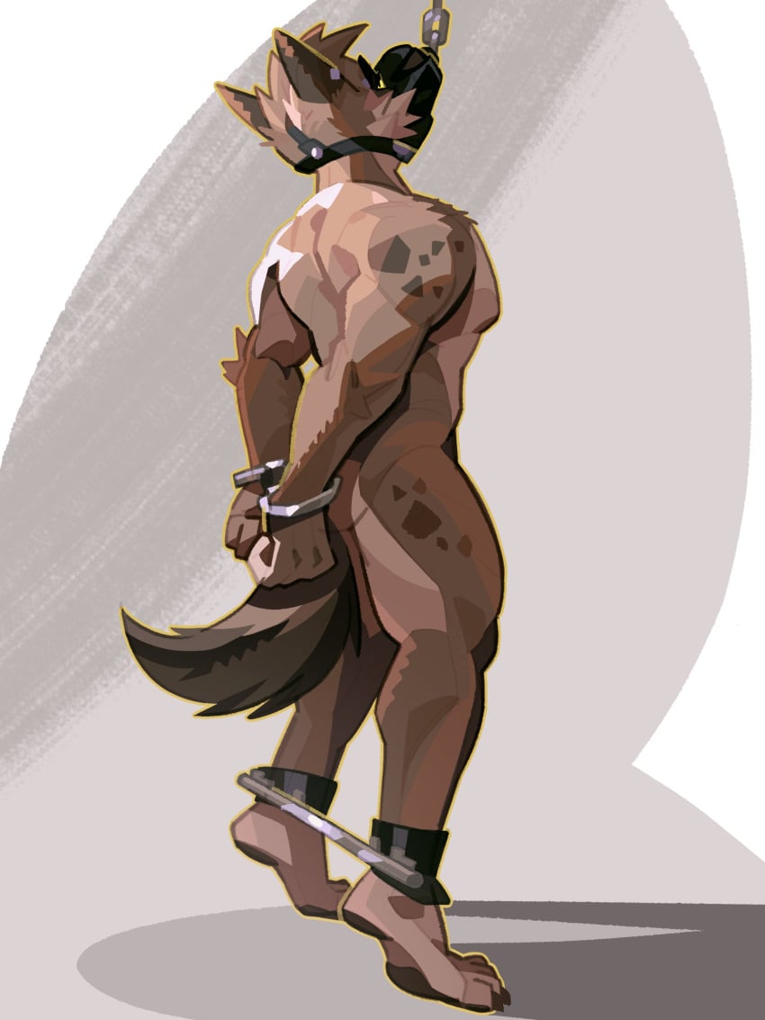 abs absurd_res anthro bondage canid canine canis chained_collar collar cuff_(restraint) handcuffed handcuffs hands_behind_back hands_tied_behind_back hi_res leg_spreader male mammal metal_cuffs muscular muscular_male muzzle_(object) nude pecs restraints side_view solo spreader_bar standing wolf zzhuhuoo