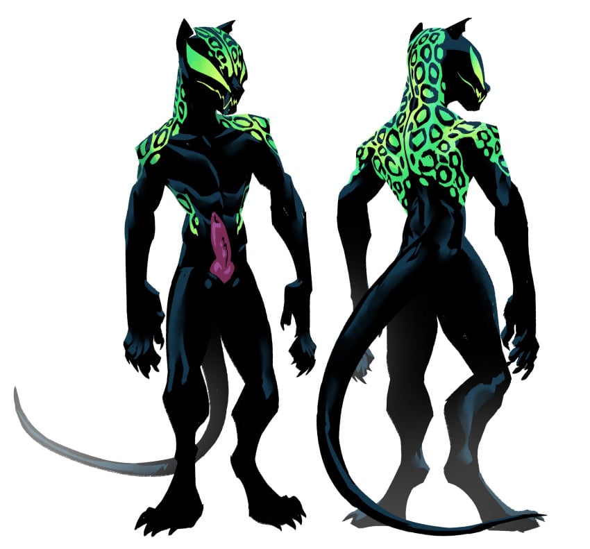 absurd_res anthro balls digital_media_(artwork) digitigrade erection felid fingers genitals glowing glowing_eyes glowing_markings glowing_mouth green_eyes green_markings hi_res knot male mammal markings marvel marvel_comics maxspite multiple_angles nude pantherine penis simple_background solo symbiote tail teeth white_background