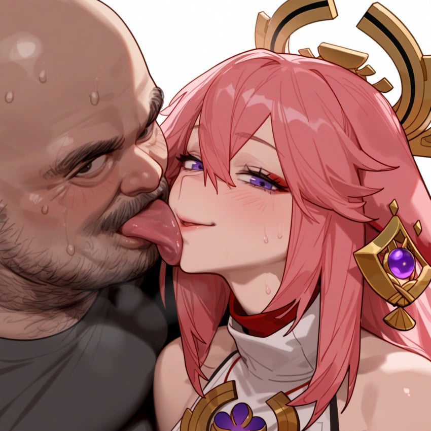 1boy 1girls ai_generated animal_ears blush fox_ears fox_girl genshin_impact hair_ornament jewelry licking licking_face licking_lips long_hair old_man pink_hair purple_eyes sweat sweating tongue tongue_out ugly_bastard yae_miko