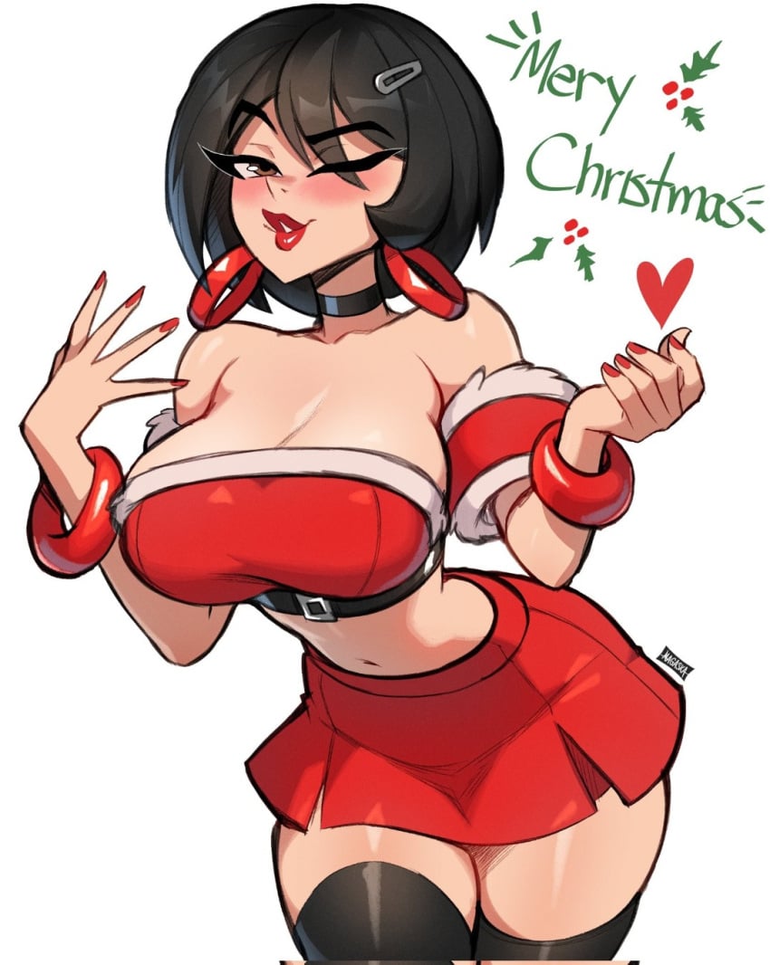 big_breasts black_hair christmas evie_(fortnite) fortnite fortnite:_battle_royale hourglass_figure magaska19 provocative red_nails