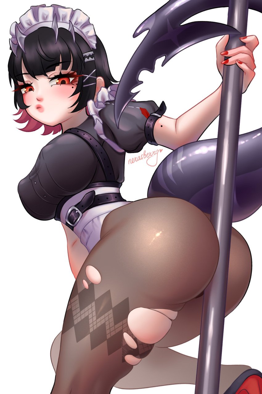 1girls 2024 ass bent_leg black_hair bubble_butt ellen_joe female female_only hi_res looking_at_viewer maid maid_headdress maid_uniform nerasberrg pantyhose red_eyes shark_girl shark_tail solo tail thick_ass thick_thighs torn_pantyhose weapon white_background zenless_zone_zero