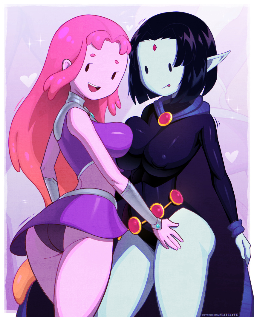 2girls adventure_time armwear ass big_breasts black_hair black_leotard bottomwear breasts cape cosplay dc dc_comics female female_only forehead_jewel hair hips huge_breasts leotard long_hair marceline miniskirt panties pink_body pink_hair pink_skin pointy_ears princess_bubblegum purple_panties purple_skirt raven_(cosplay) satelyte short_hair skirt starfire_(cosplay) teen_titans thighs tongue tongue_out topwear vampire vampire_girl