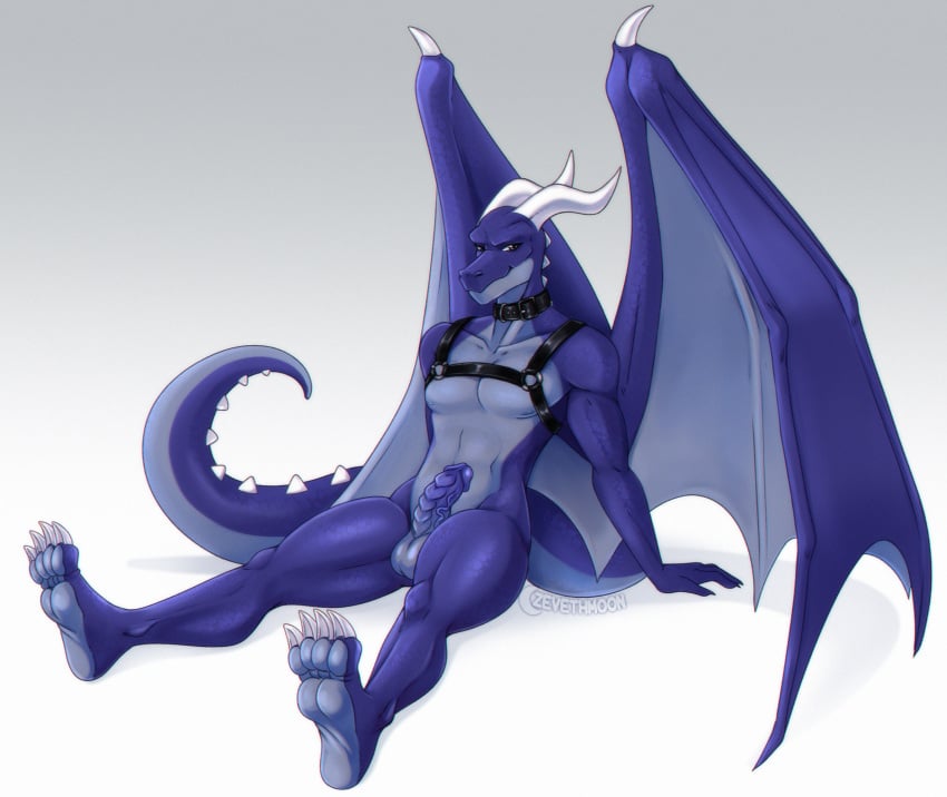 anthro blue_body claws collar dragon feet genitals harness hi_res horn looking_at_viewer loslo male mythological_creature mythological_scalie mythology penis scales scalie sitting solo toe_claws wings zeveth