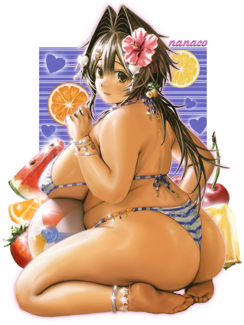 1girls 2024 ass bbw big_ass big_breasts bikini bracelet brown_eyes brown_hair feet flower_in_hair hair_ornament hi_res jewelry looking_at_viewer looking_back meisharan nanaco_(meisharan) necklace original original_character striped_bikini tan tan_body