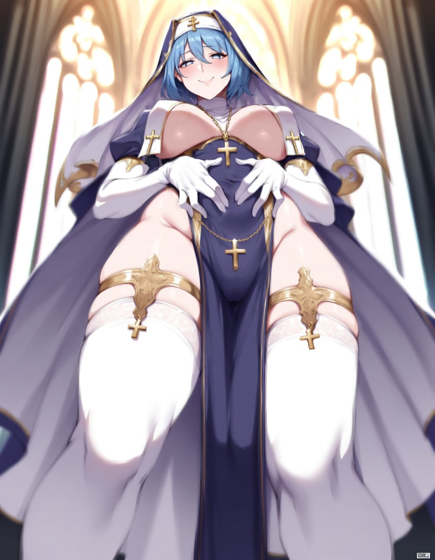 2024 ai_generated blue_hair breast_curtains church_interior closed_mouth covered_ears cross curvy female from_below hair_between_eyes half-closed_eyes hands_on_own_stomach igiblar large_ass large_breasts long_gloves luce_(vatican) nun pelvic_curtain smiling thighhighs underboob