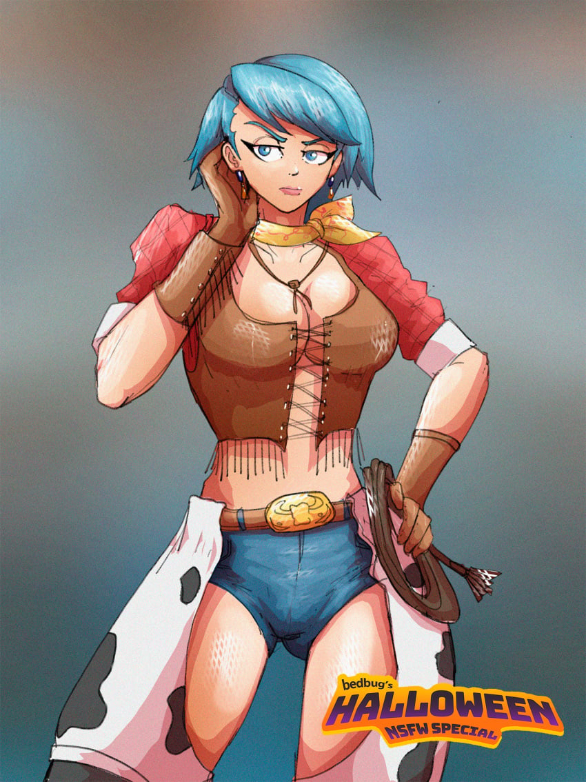 bedbug_(artist) blue_eyes blue_hair country_girl cow_print cowgirl_outfit farmgirl gyakuten_saiban karuma_mei karuma_mei leather whip