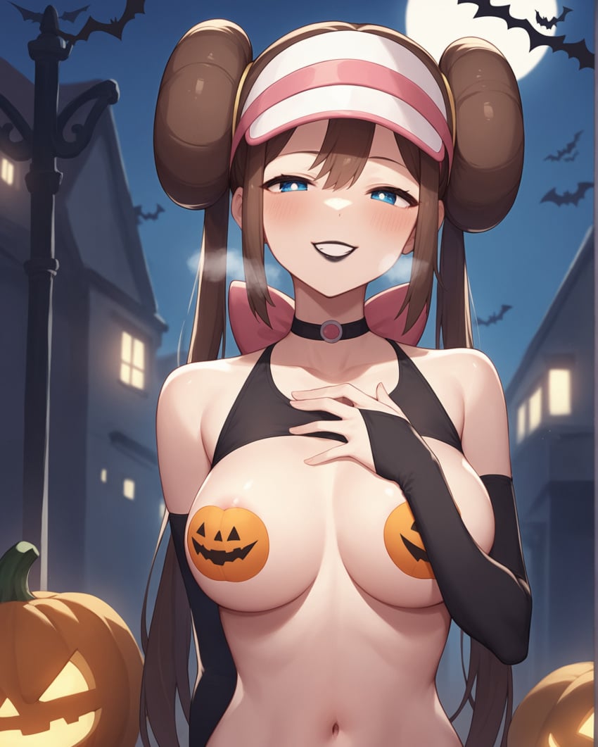 1girls ai_generated bare_shoulders bat black_lipstick blue_eyes blush bow breasts brown_hair choker detached_sleeves female hair_between_eyes hair_bun half-closed_eyes halloween halloween_costume hand_on_chest heavy_breathing jack-o'-lantern looking_at_viewer moon navel night nipple_slip notreallyhere pasties pokemon pumpkin pumpkin_pasties rosa_(pokemon) sidelocks smile solo standing street trick_or_treat twintails upper_body visor visor_cap