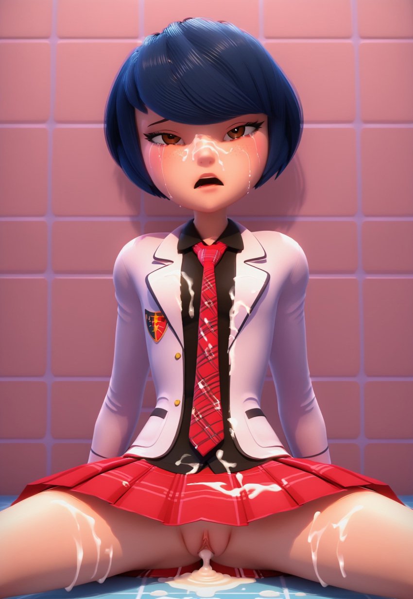 3d after_sex ahe_gao ai_generated blazer blue_hair breasts brown_eyes cling clothed clothing cum cum_in_pussy cum_in_pussy cum_on_body defeated female freckles japanese_female kagami_tsurugi looking_at_viewer miraculous_ladybug open_mouth plaid_skirt pussy sex short_hair skirt spread_legs swept_bangs tile_wall tiles wet wet_body