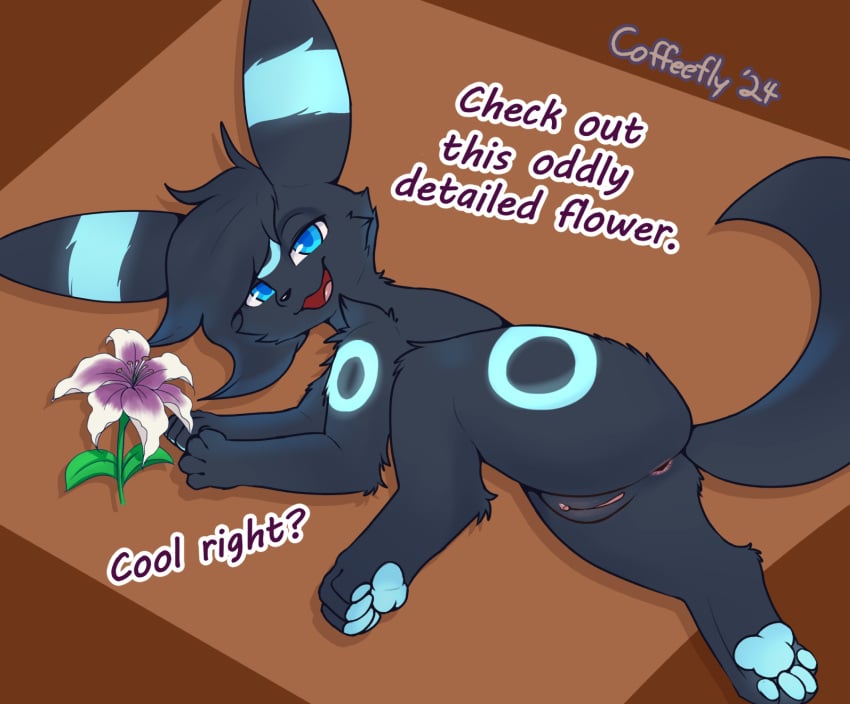 anus ass bioluminescence blue_eyes coffeefly eeveelution english_text female feral flower generation_2_pokemon genitals glowing hair hi_res looking_back nintendo open_mouth pawpads plant pokemon pokemon_(species) presenting presenting_hindquarters pussy solo text umbreon