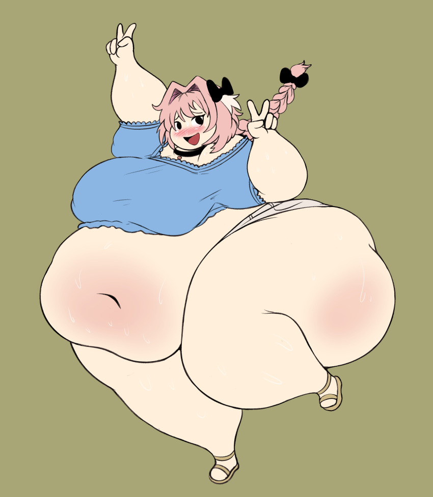 1femboy astolfo_(fate) bbm big_belly bigladiesidk blush bottom_heavy braided_ponytail collar crop_top fat fate_(series) femboy huge_ass morbidly_obese obese overweight overweight_femboy overweight_male peace_sign ribbon short_shorts skimpy_clothes thick_thighs