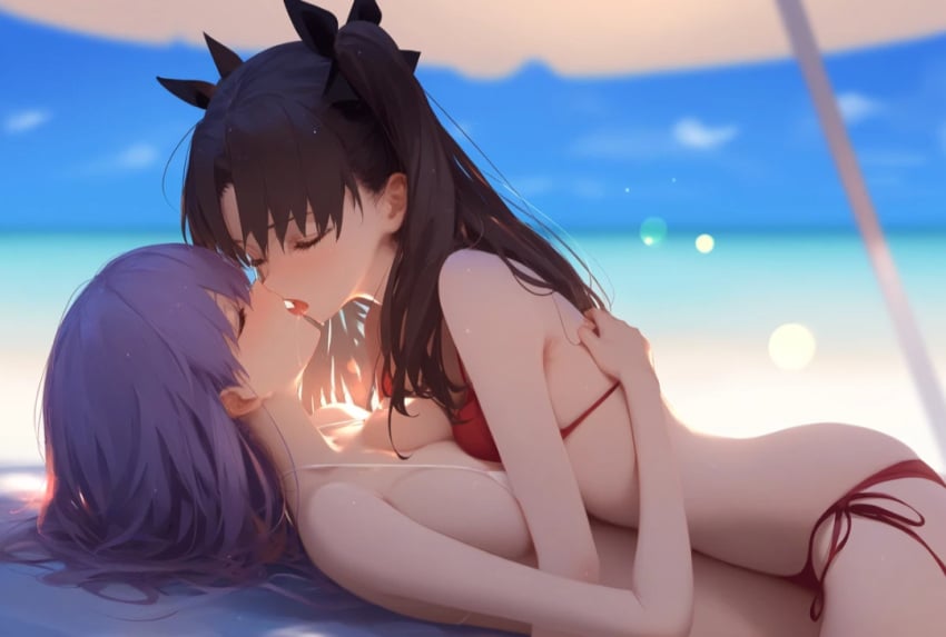 ai_generated almost_naked arms_around_partner beach bikini black_hair closed_eyes drooling fate/stay_night fate_(series) french_kiss incest kissing large_breasts lying_on_back matou_sakura open_mouth outside purple_hair saliva sisters swimwear tohsaka_rin tongue yuri