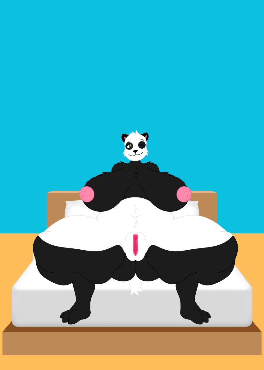 absurd_res anthro areola arm_tuft bear bed bedroom bedroom_background belly_tuft breast_tuft breasts cheek_tuft chest_tuft eye_spot eye_spots facial_tuft female front_view fur furniture gaping gaping_pussy genitals giant_panda hao_(mandro22) head_tuft hi_res looking_at_viewer mammal mandro22 mattress mature_female multicolored_body multicolored_fur navel navel_outline navel_tuft nipples obese obese_anthro obese_female one_eye_closed overweight overweight_anthro overweight_female pillow pinup pose pussy shoulder_tuft solo spread_legs spreading tail tail_tuft thick_thighs tuft wide_hips wink winking_at_viewer