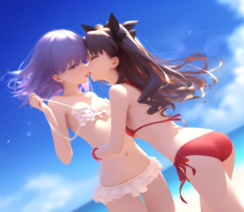 ai_generated almost_naked beach bikini black_hair closed_eyes fate/stay_night fate_(series) incest kissing matou_sakura open_mouth outside purple_eyes purple_hair removing_clothing sisters standing swimwear tohsaka_rin yuri