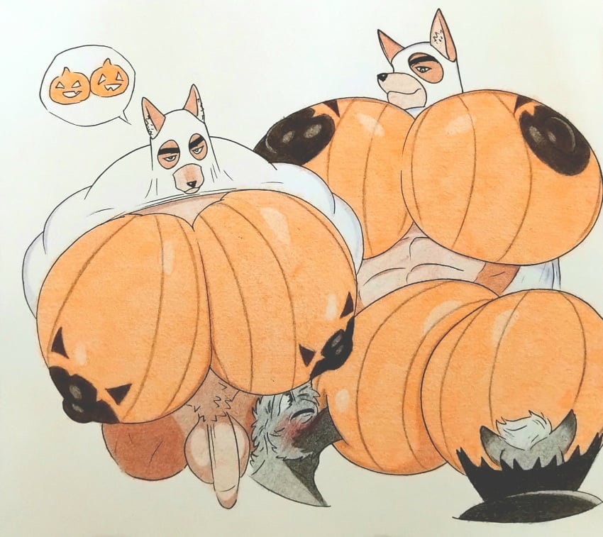 2boys abs anthro bara bara_tiddies bara_tits big_breasts big_pecs canid canine canis cnb2804 furry gay gay_sex halloween_costume halloween_pumpkin halloween_theme huge_pecs humanoid kemono large_pectorals male male/male male_breasts male_only manboobs moobs muscular muscular_male penis pumpkin sex