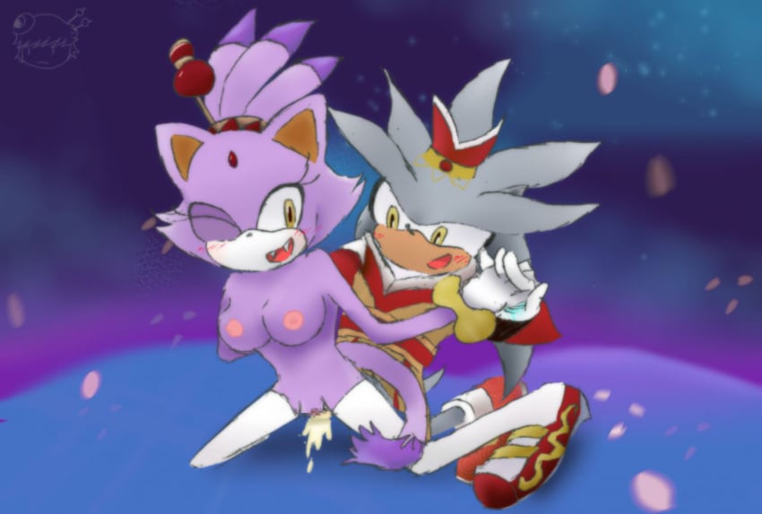 aoao1neon_(artist) blaze_the_cat blush breasts breasts_out color cum cum_in_pussy cum_inside cumming happy_sex one_eye_closed outfit silver_the_hedgehog sonic_(series) sonic_the_hedgehog_(series) topless topless_female