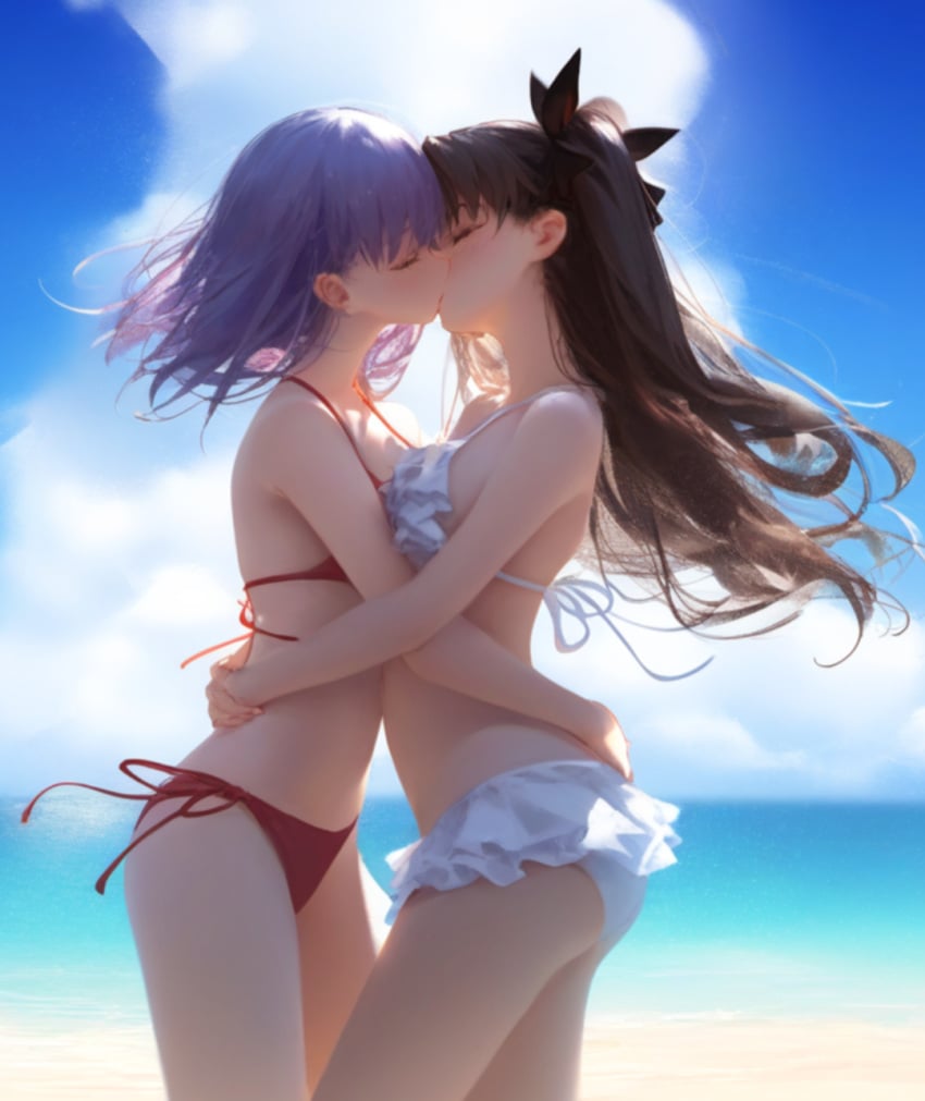 ai_generated almost_naked arms_around_partner beach bikini black_hair blush closed_eyes fate/stay_night fate_(series) incest kissing long_hair matou_sakura outside purple_hair sisters standing swimwear tohsaka_rin yuri