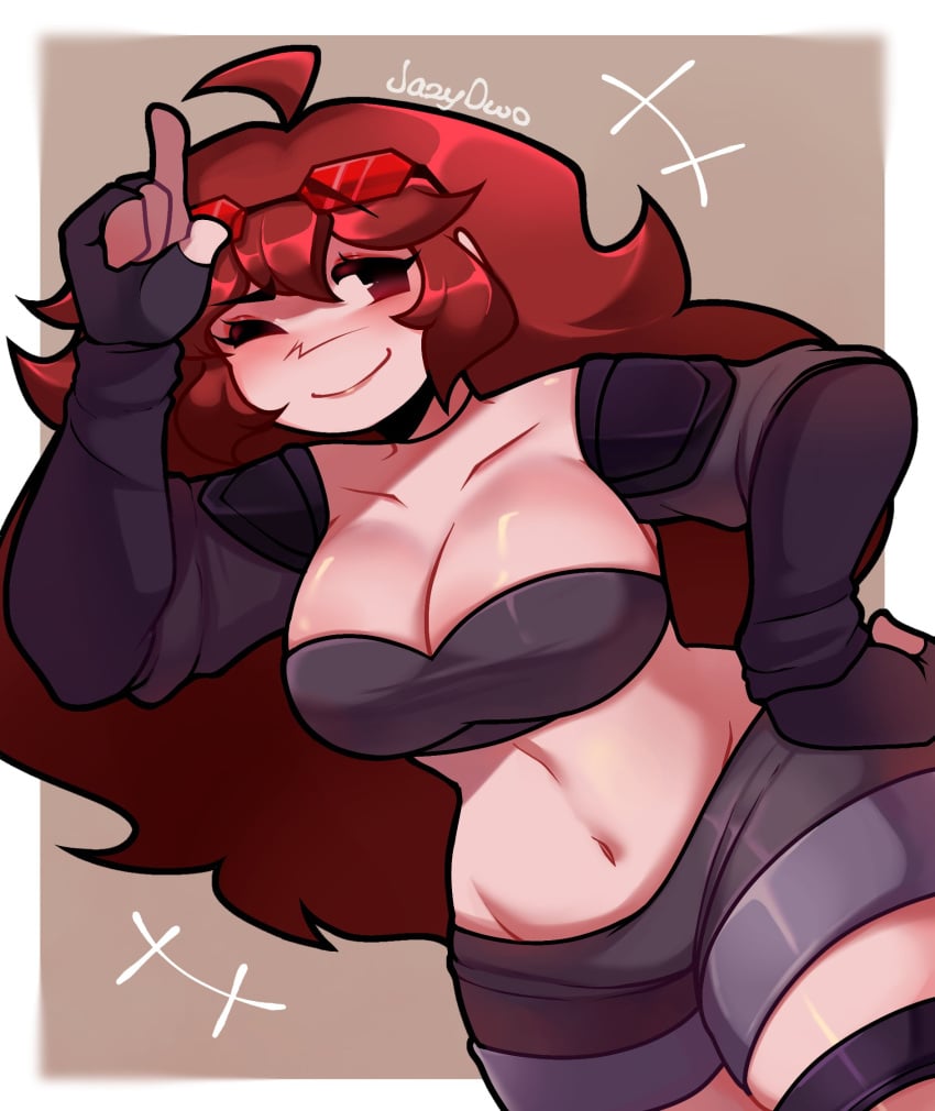 agent_gf_(friday_night_funkin) auburn_hair big_breasts breasts cleavage clothed clothing fnf friday_night_funkin girlfriend_(friday_night_funkin) girlfriend_(mods) jazyowo newgrounds sfw thick_thighs wide_hips