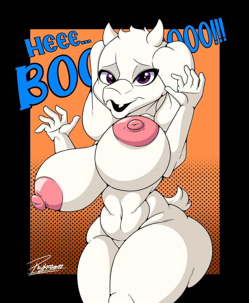 absurd_res anthro big_breasts bodily_fluids boss_monster_(undertale) bovid breasts caprine clothing costume deltarune eyewear female fur goat halloween hi_res holidays horn huge_breasts mammal nipples non-mammal_breasts reymonrr simple_background solo sweat sweaty_body tail text toriel undertale undertale_(series) white_body white_fur