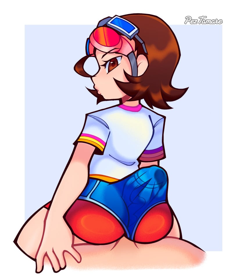 arm_at_side back_view blue_shorts brown_eyes brown_hair clothed_female clothed_sex emi_(fighting_vipers) female_focus fighting_vipers goggles goggles_on_head headwear lips_parted looking_back multicolored_shirt off_screen_character penis penis_in_clothes penis_in_clothing peztamare red_shorts sega source_request