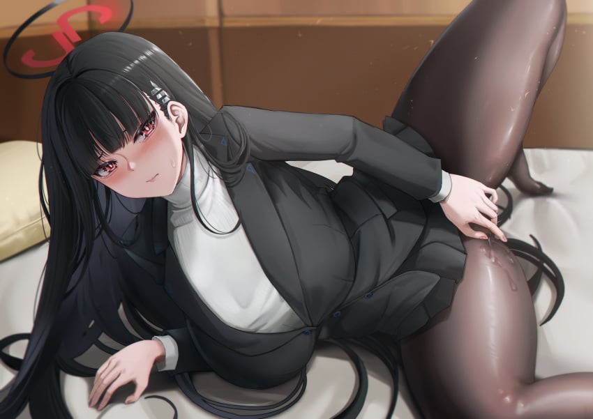 absurdres big_breasts black_hair black_jacket black_pantyhose black_skirt blue_archive blush breasts bright_pupils closed_mouth female hair_ornament hairclip halo highres jacket kuutamo large_breasts long_hair long_sleeves looking_at_viewer lying miniskirt on_side paid_reward_available pantyhose pleated_skirt red_eyes rio_(blue_archive) skirt solo sweater thighs turtleneck turtleneck_sweater white_pupils white_sweater