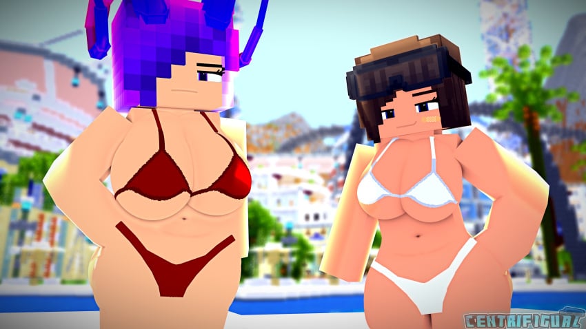 2girls bandaid bandaid_on_face bikini black_eyes breasts brown_hair centrifigual cleavage goggles goggles_on_head happy_face happy_female light-skinned_female looking_at_viewer mine-imator minecraft pool purple_eyes purple_hair purple_horns red_bikini rivera_(centrifigual) seductive_pose serious_face smile summer tanned_female tomboy white_bikini