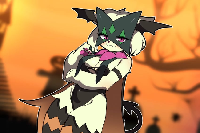 bedroom_eyes blush blushing_at_viewer breasts cape green_fur hakkimanime halloween halloween_costume looking_at_viewer mask masked masked_female meowscarada pokemon pokemon_(species) succubus_costume succubus_tail succubus_wings