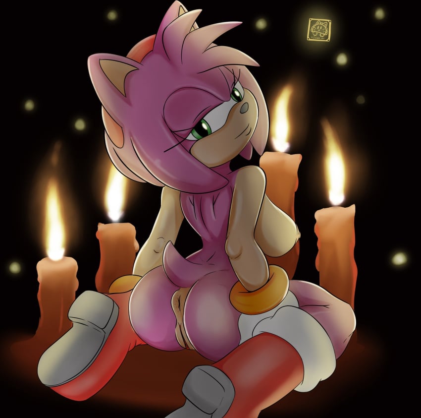 1girls amy_rose anus ass breasts candles female furry gatako_art kneeling looking_back mostly_nude mostly_nude_female pussy sega sonic_the_hedgehog_(series)