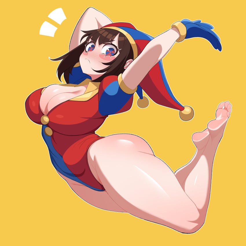 big_breasts blush breasts breasts_out brown_hair cleavage clothed clothing clown curvy curvy_figure female full_body hat hi_res jester jester_hat jumping leotard light-skinned_female looking_at_viewer maidcousin pomni_(the_amazing_digital_circus) simple_background solo solo_focus the_amazing_digital_circus thick_thighs thighs