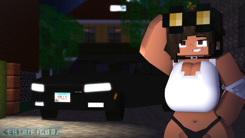 1girl black_collar black_eyes black_underwear breasts brown_hair car centrifigual exposed_pussy female female_only freckles happy house jeep minecraft night parking_garage rivera_(centrifigual) seductive_pose smile tanned_female tomboy vagina_bulge white_topwear work_glasses