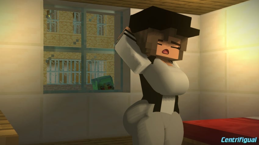 1futa 1girl 3d awakening bedroom black_and_white_clothing black_hat breasts brown_hair centrifigual claire_(centrifigual) female futanari green_hair green_skin light_grey_pants minecraft red_eyes rivera_(centrifigual) stalking stretching tomboy watching yawning yawning_position zombie_futa