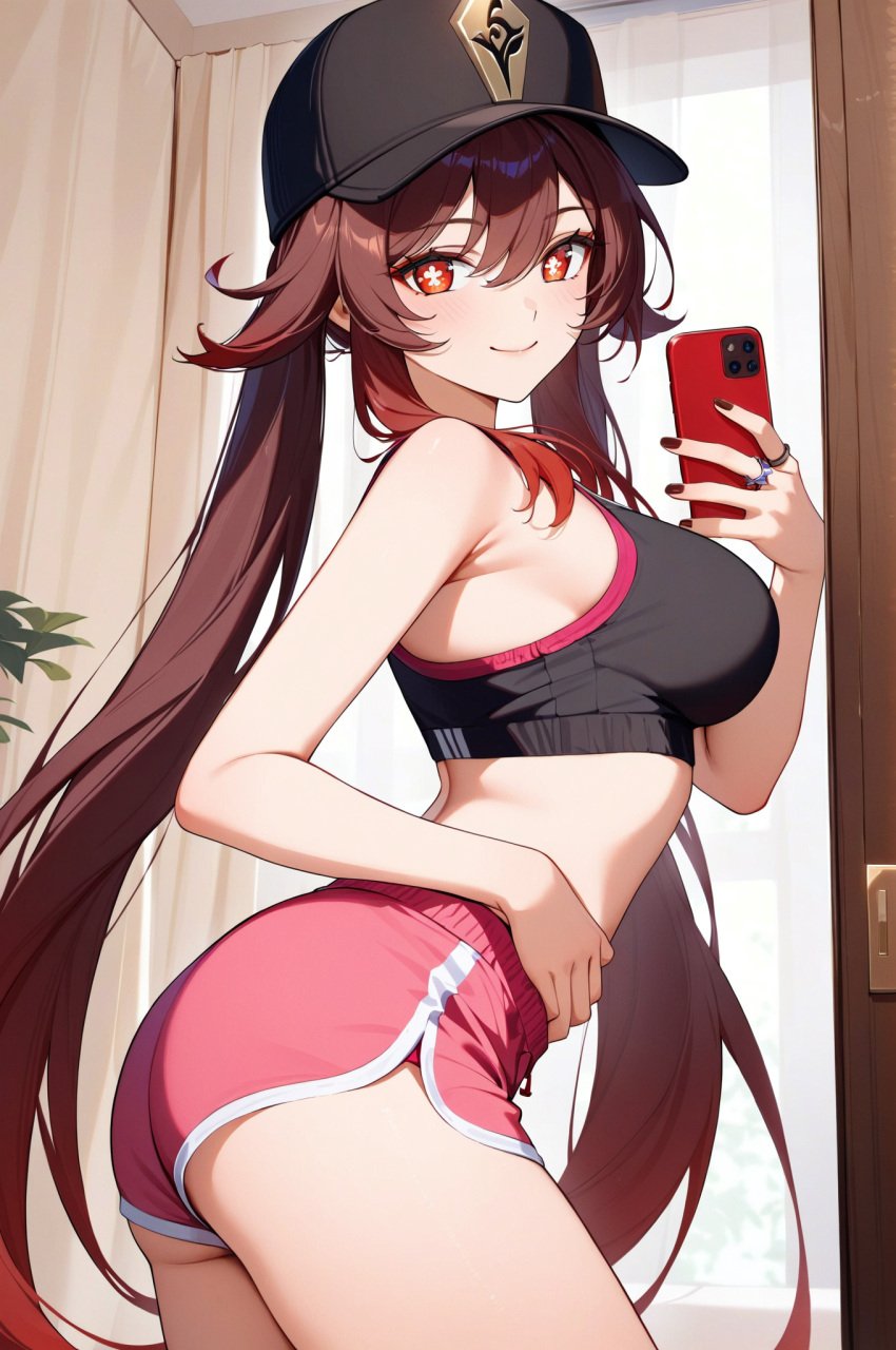 absurd_res ai_generated ass bangs blush breasts cellphone cowboy_shot crop_top crop_top_overhang dolphin_shorts genshin_impact hu_tao_(genshin_impact) indoors lips long_hair looking_at_viewer medium_breasts ministro mirror mirror_reflection mirror_selfie mouth nail_polish nails nose pale-skinned_female pale_skin pink_shorts red_eyes rings seducing seduction seductive seductive_body seductive_eyes seductive_gaze seductive_look seductive_mouth seductive_pose selfie shirt short_sleeves shorts skinny skinny_girl stable_diffusion taking_photo taking_picture taking_selfie twintails waist woman_focus woman_only