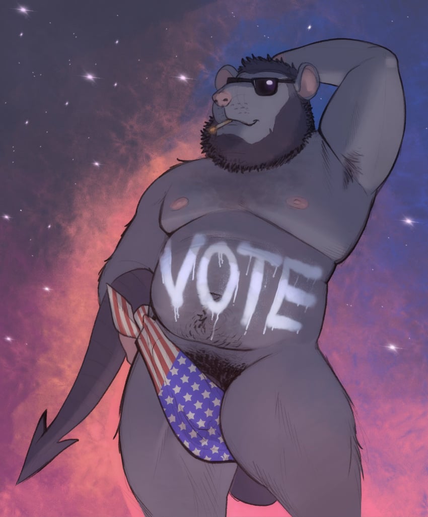 2024 american_flag anthro areola beard belly body_writing bulge burrserk burrserk_(character) cigarette demon english_text eyewear facial_hair flag fog fur hair hand_behind_head hi_res male mammal moobs murid murine navel nipples nude overweight overweight_anthro overweight_male politics pubes rat rodent simple_background smile smoking solo spade_tail standing sunglasses tail text thick_thighs tuft united_states_of_america